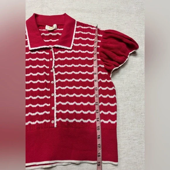 Maeve Red and White Puff Sleeve Cardigan - Picture 4 of 7